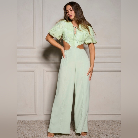 Chicways Pants - Chicways Cut- Out Eyelet Jumpsuit PALE GREEN Lined   VARIOUS SIZES